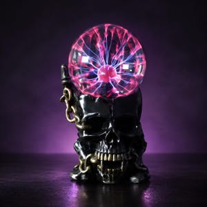 Może przedstawiać: Lampa plazmowa z przezroczystą szklaną kulą wypełnioną świecącymi różowymi i niebieskimi włóknami elektrycznymi, umieszczona na ciemnej, szczegółowej rzeźbie czaszki ozdobionej złotymi łańcuchami owiniętymi wokół czaszki i szczęki.
