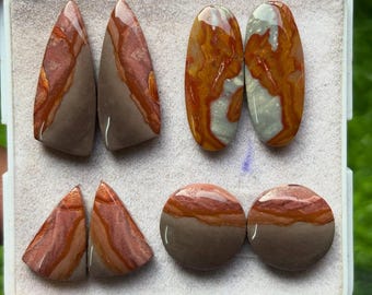 Könnte beinhalten: Eine Sammlung polierter Edelsteine in verschiedenen Formen, darunter Tropfen, Oval und rund. Die Steine weisen Erdtöne auf, mit rotbraunen und beigen Mustern auf grauem Grund. Die Edelsteine werden in einer weißen Schale präsentiert.