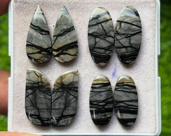 May include: A collection of six polished gemstones in various shapes: teardrop, oval, and irregular. The stones feature a gray base color with intricate black veining and hints of tan and green. They are displayed in a white tray.