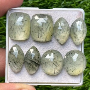 Peut inclure: Une collection de huit pierres précieuses de prehnite de différentes formes, dont ovales, rondes et rectangulaires. Les pierres translucides sont vert pâle avec des inclusions noires, présentées dans un plateau blanc sur fond vert.