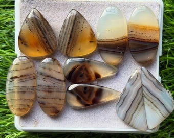 Könnte beinhalten: Eine Sammlung polierter Achat-Edelsteine in verschiedenen Formen, darunter Tropfen, Oval und Dreieck. Die Steine zeigen Bänder in Braun, Beige und Weiß, einige mit orangefarbenen und schwarzen Akzenten. Sie sind in einer weißen Schale auf grünem Hintergrund angeordnet.