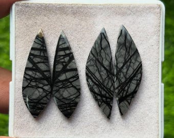May include: Four gray and black gemstone cabochons in a white tray. The stones are teardrop-shaped with a network of black lines across a gray background. The tray is held against a blurred green background.