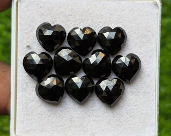 Faceted Black Spinel Gemstone Slices: 10x10mm Heart Rose Cuts