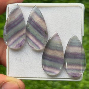 May include: Four teardrop-shaped fluorite gemstones. The stones display bands of purple, green, and clear hues. They are set against a white background, held by a hand, with a blurred green background.