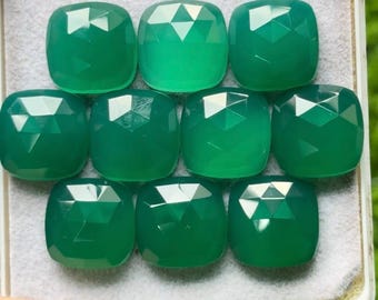 Rodajas planas de calcedonia verde con corte rosa en forma de cojín: Rodajas de gema con corte rosa de 12 x 12 mm, lote de 10 piezas.