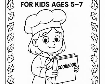 Libro de cocina y para colorear para niños de Acción de Gracias. Libro de actividades de otoño imprimible para niños de 5 a 7 años. Recetas fáciles y páginas para colorear.
