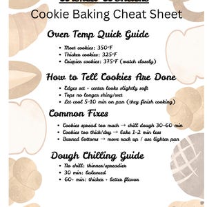 May include: A beige and white cookie baking cheat sheet with the text "Wisked Wonders" and "Cookie Baking Cheat Sheet." The guide includes oven temperature, how to tell when cookies are done, common fixes, and dough chilling tips.
