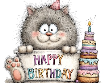 Whimsical Cat Birthday Clipart Bundle | Funny Cats PNG JPEG (Digital Download)