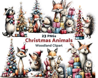 Christmas Woodland Animals Clipart | Watercolor Holiday PNG (Digital Download)