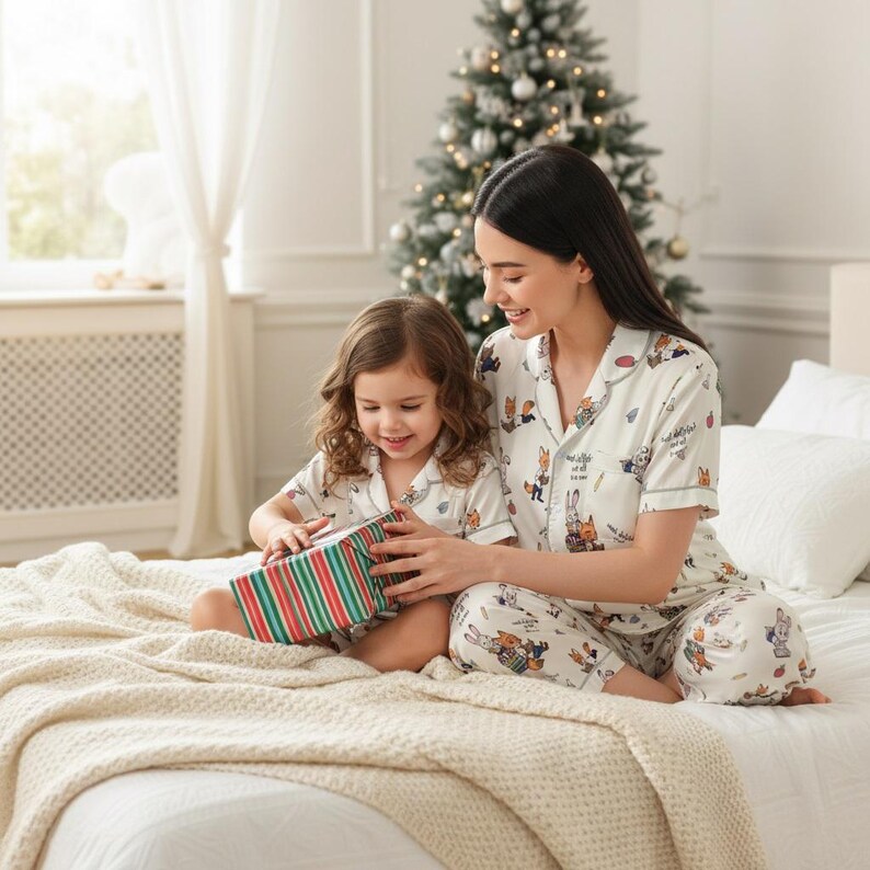 May include: A mother and child wearing matching white pajamas with a cartoon animal print, sitting on a bed. They are opening a wrapped gift with red, green, and white stripes. A Christmas tree is in the background.