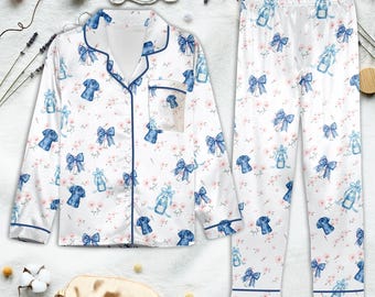 Conjunto de pijama azul con lazo / Pijama de algodón floral para mujer