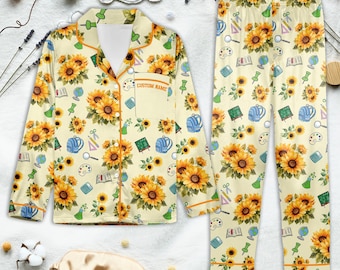 Pijama de girasol para profesor/a: ropa de dormir personalizada con temática escolar