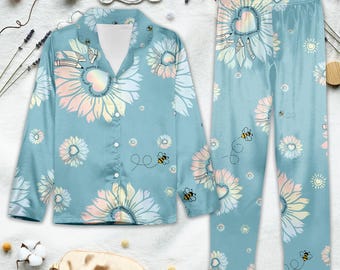 Conjunto de pijama de girasoles con abejas, ropa de dormir floral color turquesa