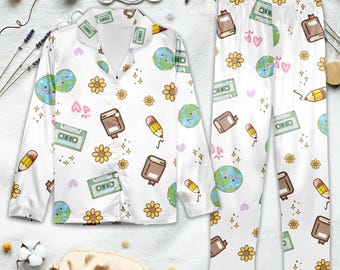 Conjunto de pijama retro para estudiar / Cassette, pijama con estampado de la naturaleza
