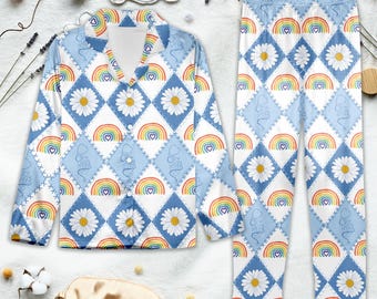 Pijama Rainbow Daisy – Azul pastel, estilo cottagecore