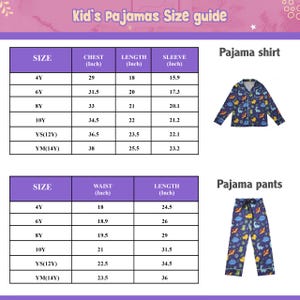 May include: A size guide for children's pajamas, with measurements in inches. The guide includes chest, length, and sleeve measurements for pajama shirts, and waist and length measurements for pajama pants. The image also shows a pajama shirt and pants.
