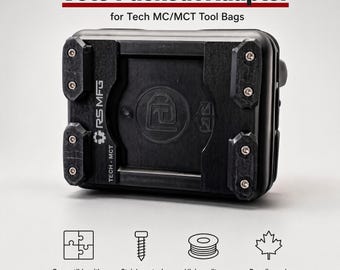 Puede incluir: Un adaptador Veto Packout negro para bolsas de herramientas Tech MC/MCT con el logotipo y texto RS MFG. El adaptador incluye cuatro puntos de montaje en las esquinas con herrajes de acero inoxidable, es compatible con sistemas Packout y PETG.