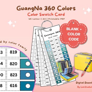 Puede incluir: Un juego de tarjetas de muestra de color con el texto "GuangNa 360 Colors" y "Color Swatch Card". La tarjeta incluye muestras de color, un código de color y un estuche amarillo con un bolígrafo. La tarjeta está ordenada por familia de colores.