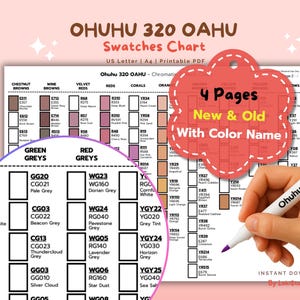 Peut inclure: Un nuancier de couleurs pour les marqueurs Ohuhu 320 Oahu. Le tableau comprend les noms et codes de couleurs, organisés par familles de couleurs. Une main tient un marqueur Ohuhu violet, et le tableau est intitulé "4 Pages New & Old With Color Name."