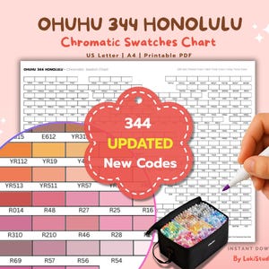 Könnte beinhalten: Ein Farbtabelle mit dem Titel "OHUHU 344 HONOLULU Chromatic Swatches Chart" mit 344 aktualisierten Farbcode. Die Tabelle ist in den Größen US Letter und A4 und ist ein druckbares PDF. Eine Hand hält einen weißen Ohuhu-Marker. Ein schwarzes Etui mit Markern ist sichtbar.