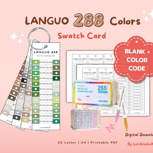 May include: A collection of Languo 288 Colors acrylic marker pen swatch cards and color code sheets. The image includes a color palette, a marker set, and a digital download label. The color palette includes shades of green, brown, and beige.