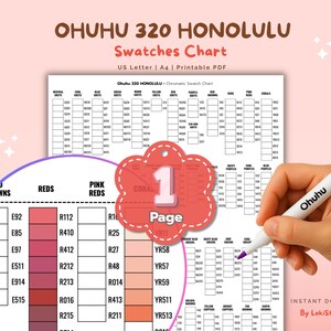 Op de afbeelding: Een afdrukbare kleurenwaaier met de tekst "OHUHU 320 HONOLULU" met kleurcodes en namen. Een hand houdt een witte Ohuhu-marker met een paarse dop vast en wijst naar de kaart. A4-formaat.