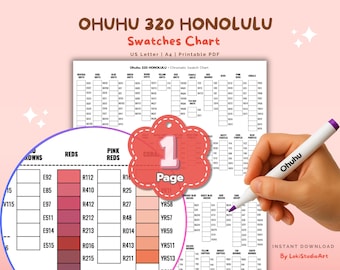 Könnte beinhalten: Ein druckbares Farbmuster-Diagramm mit der Aufschrift "OHUHU 320 HONOLULU" mit Farbcodes und -namen. Eine Hand hält einen weißen Ohuhu-Marker mit lila Kappe und zeigt auf die Tabelle. A4-Format.