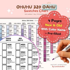 Peut inclure: Tableau d'échantillons Ohuhu 320 OAHU imprimable, aux formats US Letter et A4. Le tableau présente des échantillons de couleurs avec des noms, notamment des bleus poussiéreux, des violets froids et des gris verts. L'image montre une main tenant un marqueur Ohuhu violet.