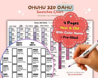 Ohuhu 320 Oahu : New & Old Codes Swatch  and Pre-filled Version - Printable Marker Color Chart PDF • Ohuhu Marker Chart for Artists (PDF)