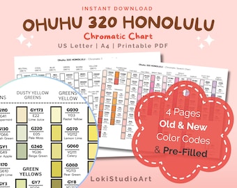 May include: A printable Ohuhu 320 Honolulu chromatic chart with color codes. The chart includes a variety of color swatches, including greens, yellows, oranges, and pinks. The text on the chart reads "4 Pages Old & New Color Codes & Pre-Filled."