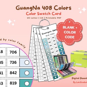 Könnte beinhalten: Eine Farbmusterkarte mit dem Text "GuangNa 408 Colors" und "Color Swatch Card". Die Karte enthält Farbmuster, eine Grafik "Blank + Color Code" und ein Set von Markern in einem limettengrünen Etui. Der Text "Digital Download" ist ebenfalls vorhanden.