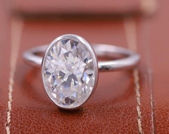Vintage 2 CT Bezel Set Oval Cut Moissanite Diamond Engagement Ring, 14K Solid Gold Classic Solitaire Wedding Ring, Perfect Gift Ring For Her