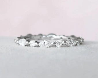 Alternative Moissanite Solid Rose Gold Band, Full Eternity Diamond Wedding Band, Marquise Cut Stone Stacking Matching Ring, Birthday Gift