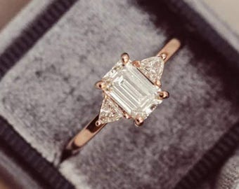 Three Stone Diamond Engagement Ring, 1.5 CT Emerald Cut Moissanite Stone Ring, Side Triangle Cut Diamond Wedding Ring, Anniversary Gift