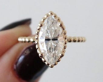 Milgrain Bezel Set Band, Marquise Cut Moissanite Diamond Engagement Ring, Vintage Filigree Ring, 14K Gold Art Deco Wedding Ring For Her