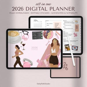以下が含まれることがあります： タブレットに表示された2026年版デジタルプランナー。編集可能なステッカーが含まれており、GoodNotesとNotabilityに対応しています。女性、コーヒー、フィットネスアイテムのイラストが描かれています。画像には「all in one 2026 DIGITAL PLANNER」と書かれています。