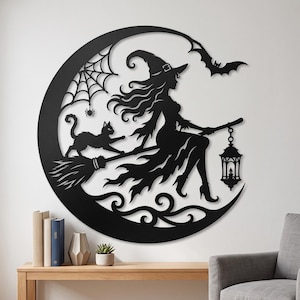 Witch Metal Wall Art SVG DXF, Halloween Crescent Moon With Black Cat Bat Lantern Laser Cut Files, CNC Plasma Vector Decor (Digital Download)