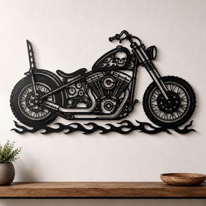 Chopper Skull Motorcykel Metall Väggkonst SVG DXF Laserskuren Fil, Flame Motorcykel CNC Plasma Vektor, Biker Garage & Man Cave Dekor Digital Nedladdning