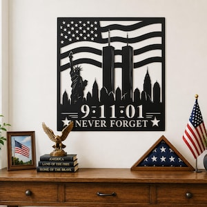9/11 Metal Wall Art SVG DXF Laser Cut File, Statue Of Liberty with Twin Towers & American Flag CNC Plasma Vector (Digital Download)