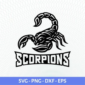 Puede incluir: Ilustración en blanco y negro de un escorpión estilizado, con la palabra "SCORPIONS" en letras gruesas. El escorpión está detallado con un cuerpo segmentado y pinzas. El texto "SVG - PNG - DXF - EPS" está en la parte inferior.