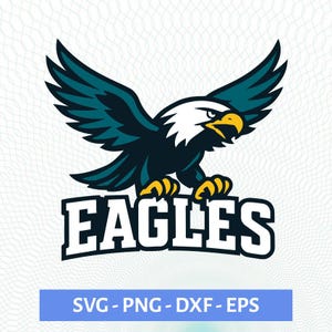May include: A stylized illustration of an eagle with outstretched wings, in shades of teal, black, white, and yellow. The word "EAGLES" is displayed in bold white letters below the eagle. A blue banner at the bottom reads "SVG - PNG - DXF - EPS".