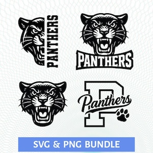 May include: A selection of black and white panther logos. The designs feature panther heads, the word "Panthers," and a paw print. The phrase "SVG & PNG BUNDLE" is displayed in a blue rectangle at the bottom.