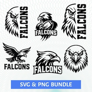 Può includere: Una collezione di illustrazioni in bianco e nero con un falco. Le immagini includono una testa di falco, un falco che tiene un pallone da football e un falco in volo. La parola "Falcons" è inclusa in diversi disegni. È presente anche il testo "SVG & PNG BUNDLE".
