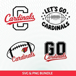 May include: A collection of four graphic designs featuring the word "Cardinals" in red script and black block letters, along with football imagery. The designs include the phrases "Let's Go Cardinals" and "Go Cardinals".