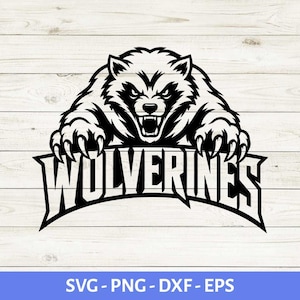 Könnte beinhalten: Schwarz-weiße Grafik eines aggressiv blickenden Wolverines mit ausgestreckten Krallen, über dem Wort "WOLVERINES" in fetten, stilisierten Buchstaben. Das Bild enthält die Dateitypen SVG, PNG, DXF und EPS.