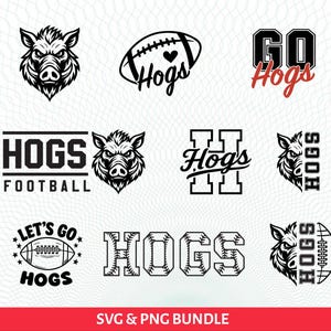 Puede incluir: Una colección de diseños gráficos en blanco y negro con la palabra "Hogs" e imágenes relacionadas con deportes. Los diseños incluyen un balón de fútbol americano, un jabalí y el texto "Go Hogs". La parte inferior de la imagen dice "SVG & PNG BUNDLE".