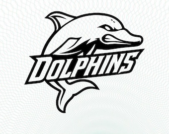 Logotipo de equipo deportivo Dolphins en formato SVG, PNG y DXF. Mascota de los Dolphins para béisbol, baloncesto, fútbol americano y fútbol. Compatible con Cricut y Silhouette. Descarga instantánea.