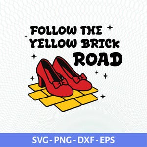 May include: A graphic featuring red high-heeled shoes with bows, set on yellow brick road tiles, with the text "FOLLOW THE YELLOW BRICK ROAD" in bold black letters. Small star graphics are also included.