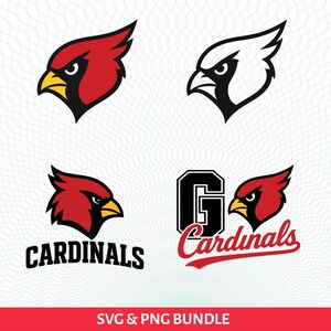May include: A collection of cardinal bird logos in red, black, and white. The designs include a cardinal head, the word "Cardinals", and a logo with the letter "G". The bottom of the image has the text "SVG & PNG BUNDLE".