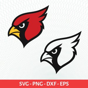 May include: Two cardinal bird head designs. One is red, black, and yellow, the other is black and white. The image includes the text "SVG - PNG - DXF - EPS" in a red banner at the bottom. The birds have a stern expression.